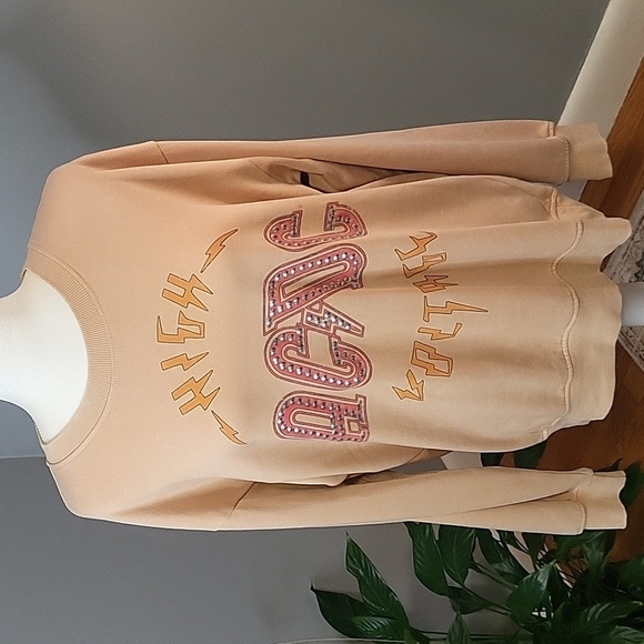 AC/DC High Voltage Metal Studded Long Sleeve Tan Sweatshirt - Size L - Picture 1 of 8